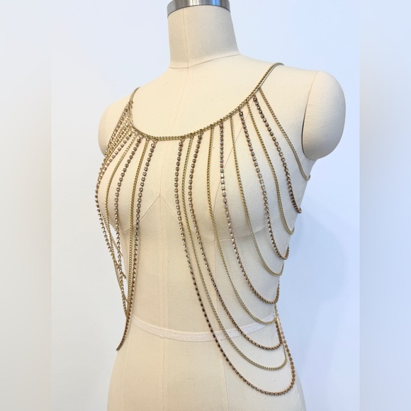 ALTEREDREAMS Gold Rhinestone Body Chain Top | Festival Rave Harness | Statement - Picture 2 of 9